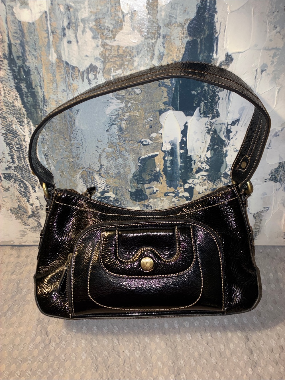 EUC Vintage Perlina  Black Patent  Leather Shoulder Bag with Front Pocket